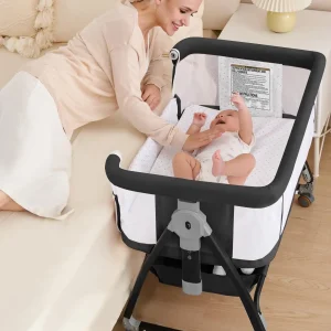 Baby Bassinet, Bedside Crib with Breathable Mesh Sleeper with Wheels, Mosquito Net, Storage