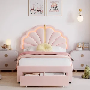 Twin Upholstered LED Kids Bed Frame with Storage Drawers, Princess Platform Bed