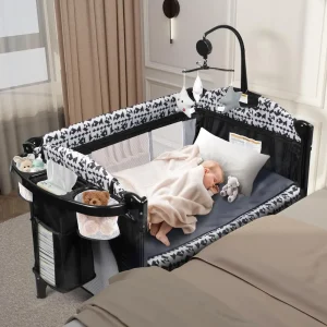 5-in-1 Pack and Play, Baby Bassinet Bedside Sleeper with Diaper Changer, Storage Bag & Music Box